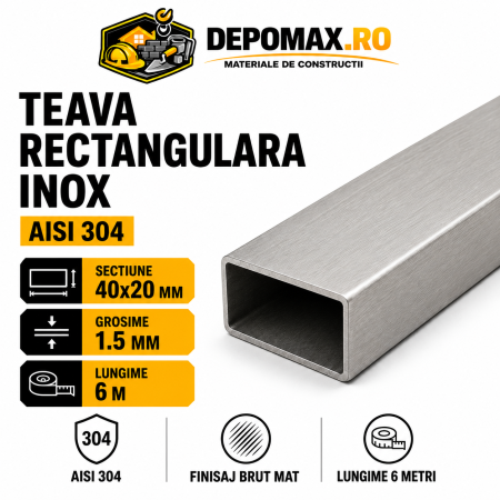 Teava rectangulara inox AISI 304, 40 x 20 x 1.5 mm, 6 metri